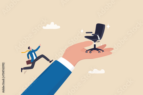 Employment opportunity, career path or motivation on job promotion position, ambition to reach career achievement, candidate to find new job concept, businessman run up big hand to new office chair.