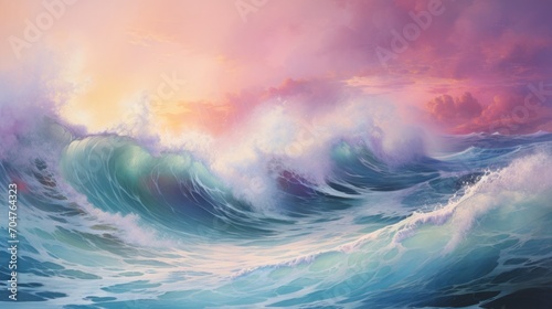 Swirling waves suffused with light symbolize hope and turmoil coexisting within the human spirit.