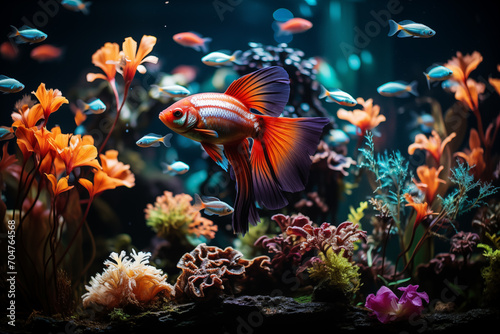 Lovely fish swimming in deep blue water in aquarium