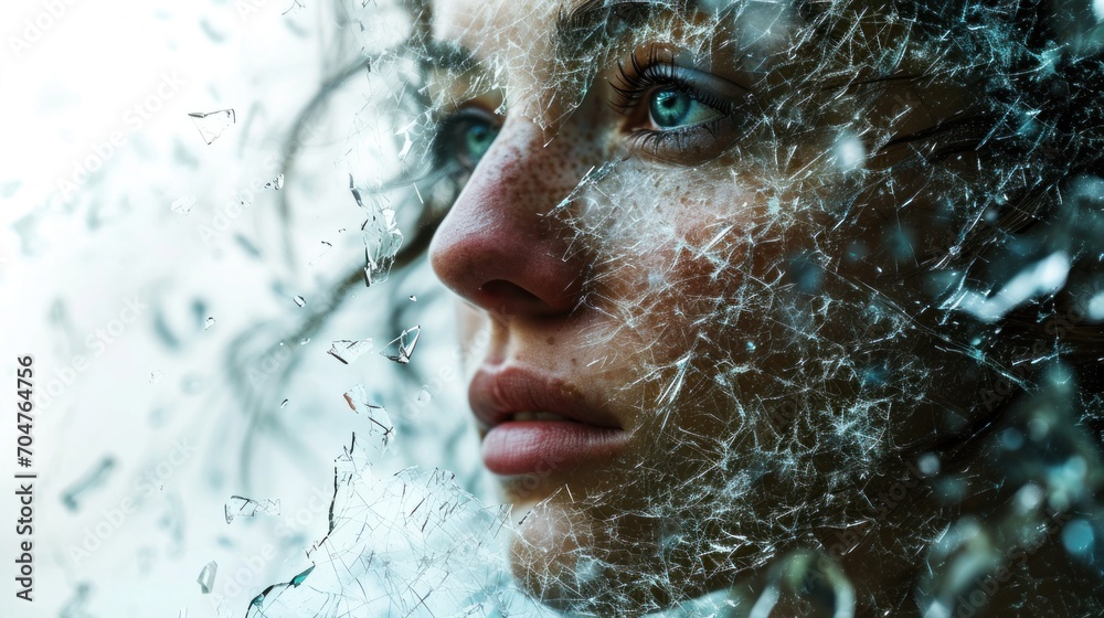 A pensive woman's face merging with splintering ice, symbolizing the delicate balance of emotional wellness.