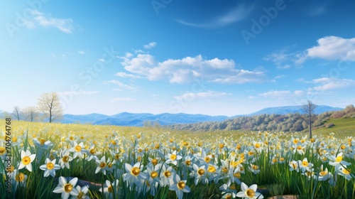 A field of daffodils swaying in the breeze under a clear blue sky