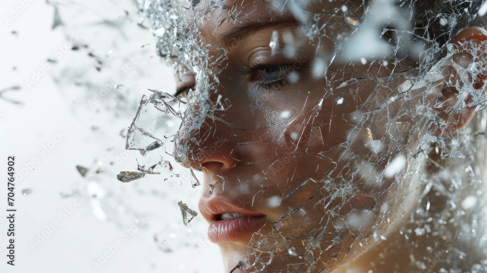Profile of a woman's face dissolving into shattered glass, mirroring the fragmentation caused by mental disorders.