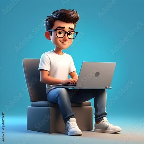 3d illustration of a cute boy working with laptop representing the sign of content creator photo