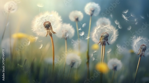 A field of dandelions in the wind  their delicate seeds creating a softly blurred dance.