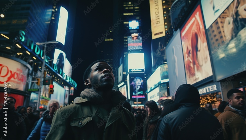 African-American man looking up at the billboards in Times Square African-American man looking up at the billboards in Times Square