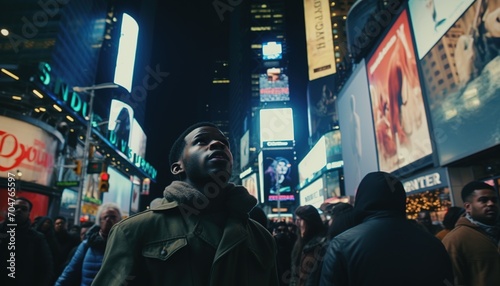 African-American man looking up at the billboards in Times Square photo