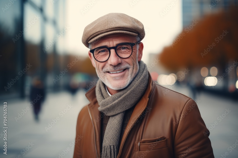 Portrait of a senior man wearing a cap and scarf in the city. Portrait of a senior man wearing a cap and scarf in the city.