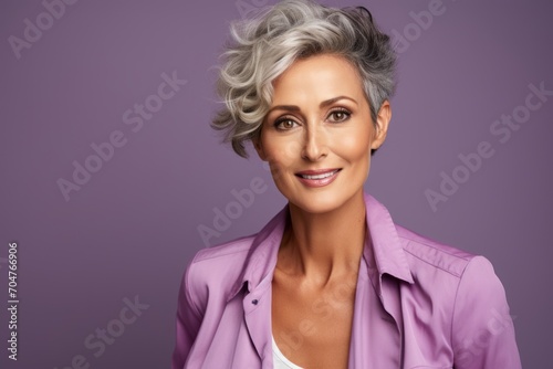 Beautiful woman with grey hair and professional make up. Portrait of a beautiful middle-aged woman in a purple jacket.