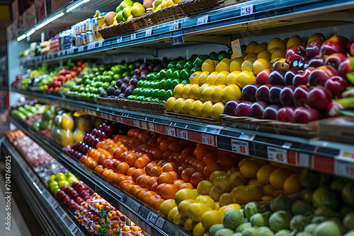  Fruits and vegetables in the refrigerated shelf of a supermarket