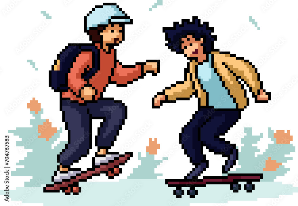 pixel art kid play skateboard