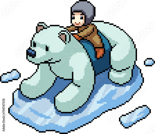 pixel art boy ride bear