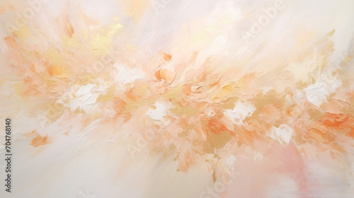Soft focus floral painting horizontal background. Peach and Creamy White colors with gold glitter. Marble texture