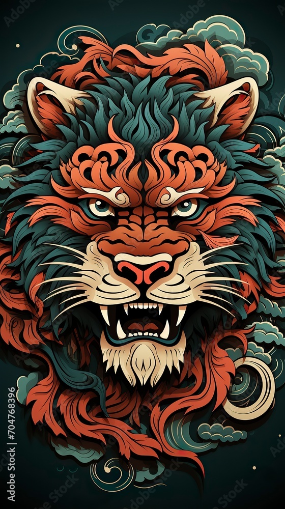 Chinese lion or tiger on red background ,New Year Celebration, Chinese New year, Chinese New year Celebratin