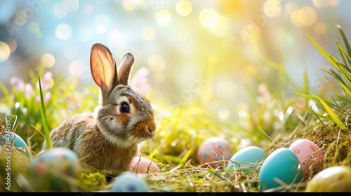Easter holiday celebration season background cute brown bunny with soft fur long ears in garden against morning light with colorful eggs decorations, forest rabbit little fluffy hare in hold playful