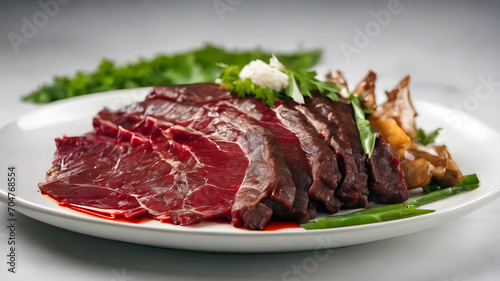 fresh yok meat in white plate side view, white background