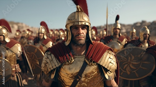 roman soldiers in golden armor and red capes photo