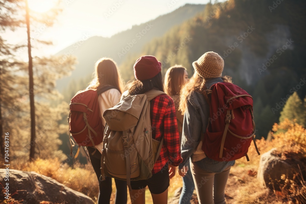 Four female friends hiking in the mountains