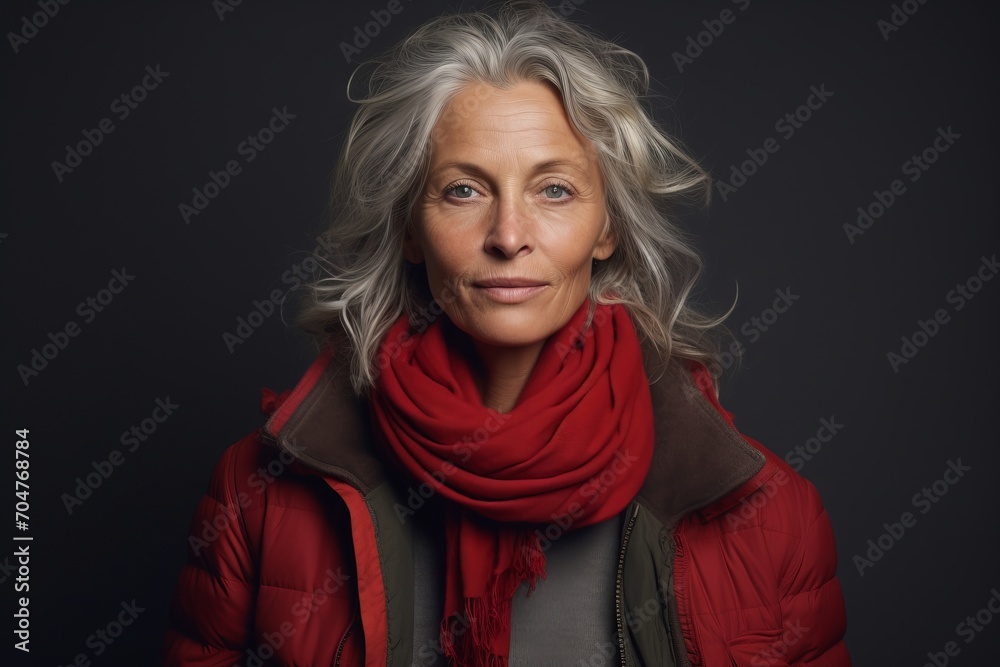 Portrait of a senior woman with grey hair and a red scarf. Portrait of a senior woman with grey hair and a red scarf.