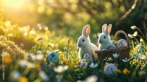 Easter holiday celebration season background with cute 2 bunny family playing together, colorful eggs decorations in wooden basket, spring field morning light, egg hunts with fluffy hares together