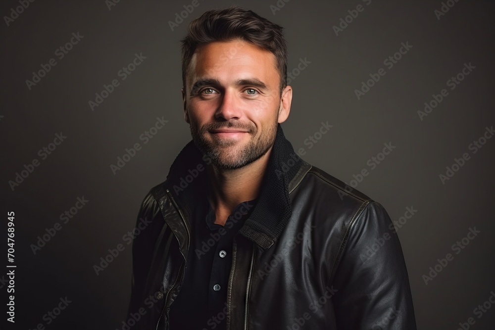 Portrait of a handsome young man in leather jacket on dark background