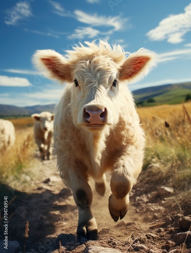 Fluffy white cow running in a field