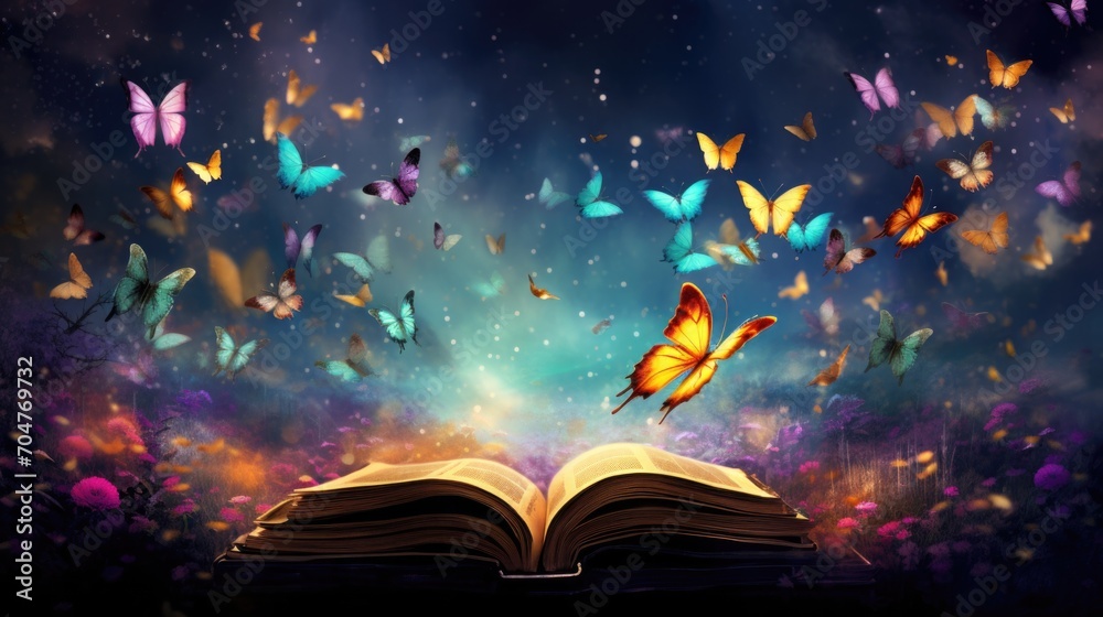 Magical open book with butterflies and sparkling lights. Fantasy and imagination. - obrazy, fototapety, plakaty 