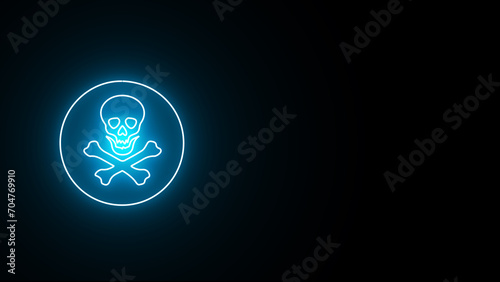 Neon Skull and Crossbones. neon glowing warning toxic sign. Toxic warning symbol. glowing Danger, toxic sign skull icon on the black background. photo