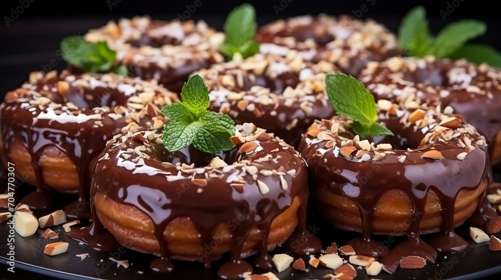 Chocolate covered donuts with nuts on a dark surface,Chocolate day, Valentines Day, Valentines week 