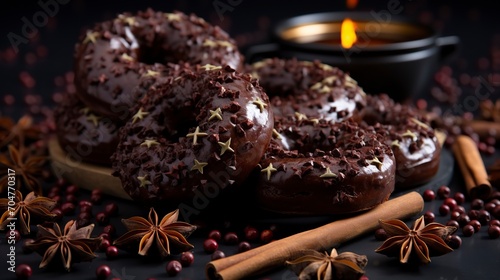 Chocolate donuts with nuts on a dark background stock photograph ,Chocolate day, Valentines Day, Valentines week  photo