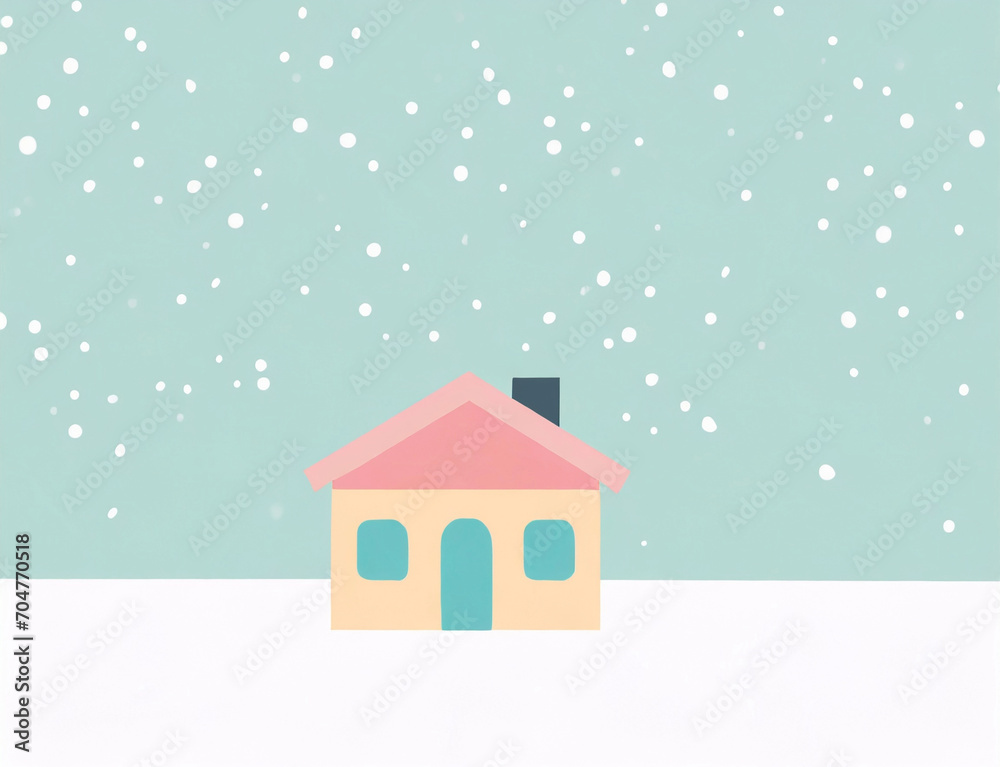 一軒の小さな家に雪が降り積もっているイラスト　