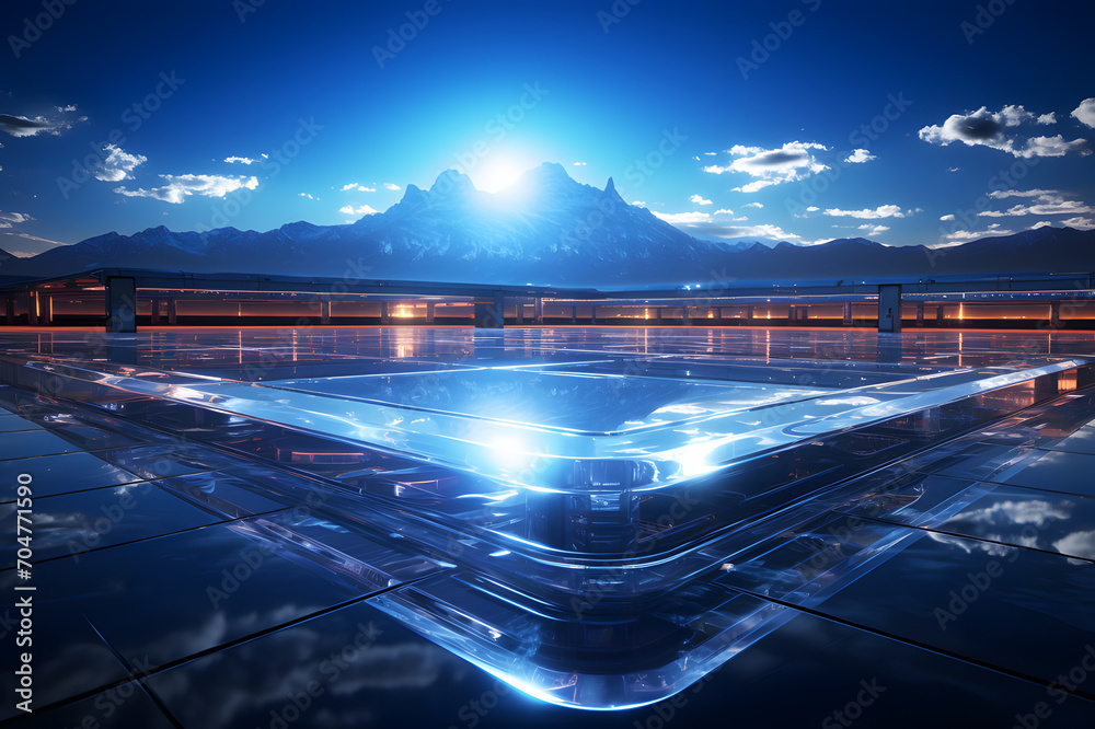 Holographic of digital large parking lot and mountain, forest, tree, sky display blue background. Textures abstract, night view. Augmented reality in the form of display, recognition of object. Neon. - obrazy, fototapety, plakaty 