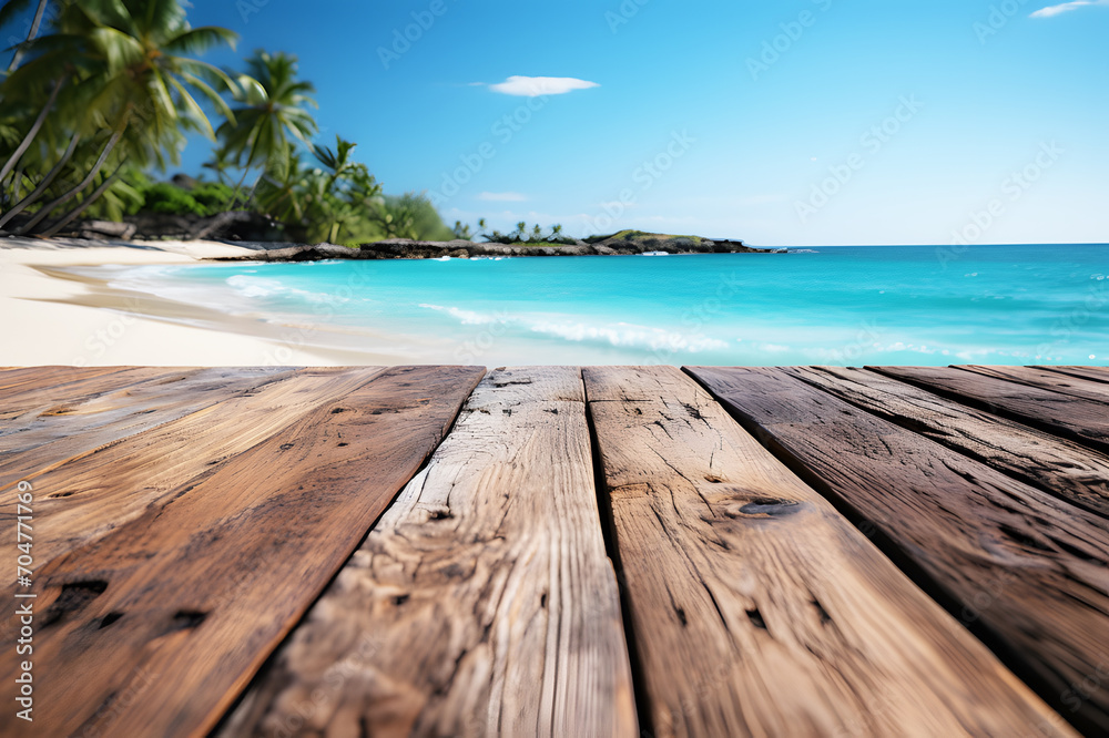 Empty brown wooden floor or table. Sea and beach bright blue sky and sunlight is background. Summer. Realistic color clipart template pattern.