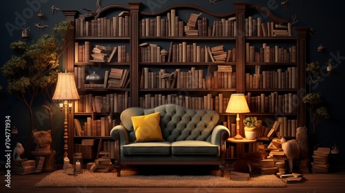 A cozy corner in a library with a 3D wall mockup featuring classic literature book cover illustrations.