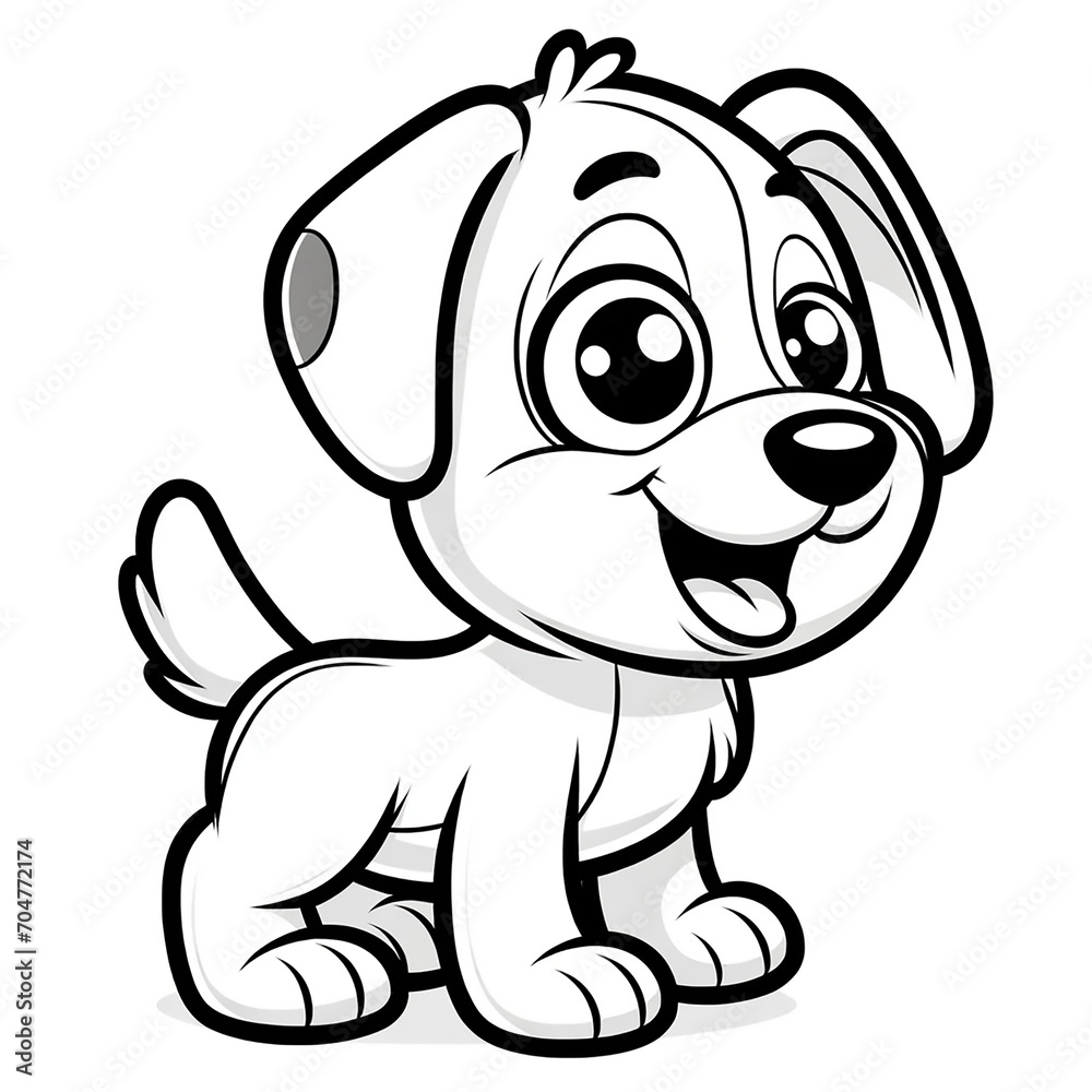 Obraz premium Here is the 2D cartoon-style drawing of a dog in black and white, designed for coloring by kids, shown in a 45-degree angle view.