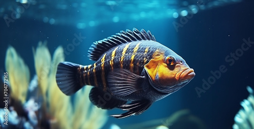 Closeup shot of frontosa cichlid fish in the aquarium, fish in aquarium photo