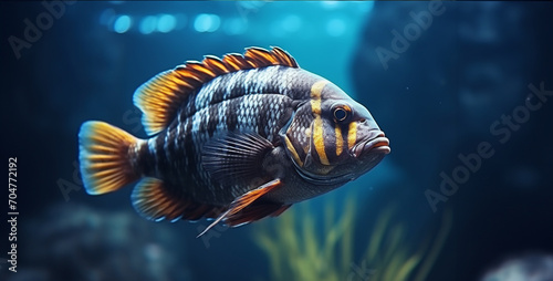 Closeup shot of frontosa cichlid fish in the aquarium, fish in aquarium, yellow tang fish