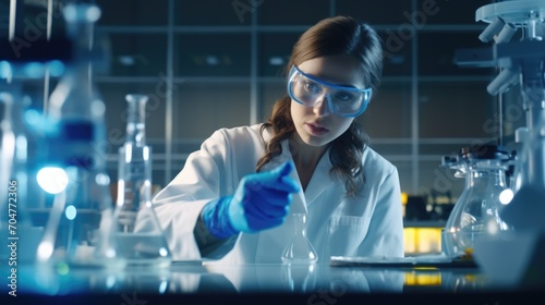 Female Microbiologist in sterile clothing and safety equipment, Female scientist working in a laboratory wearing safety goggles and gloves. Generative ai