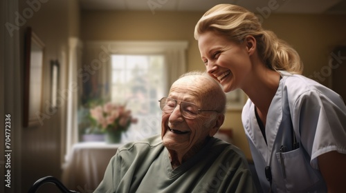 Kind nurse taking of an elder senior man in a home. Generative ai