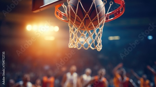 Basketball hoop and ball, Scoring a winning field goal at a basketball game. Generative ai photo