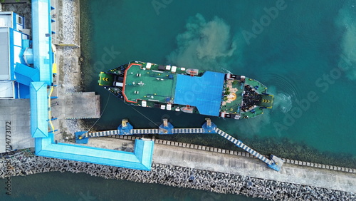 Aerial View of a Ferry Boat Anchored at Gorontalo Harbor in the Morning photo