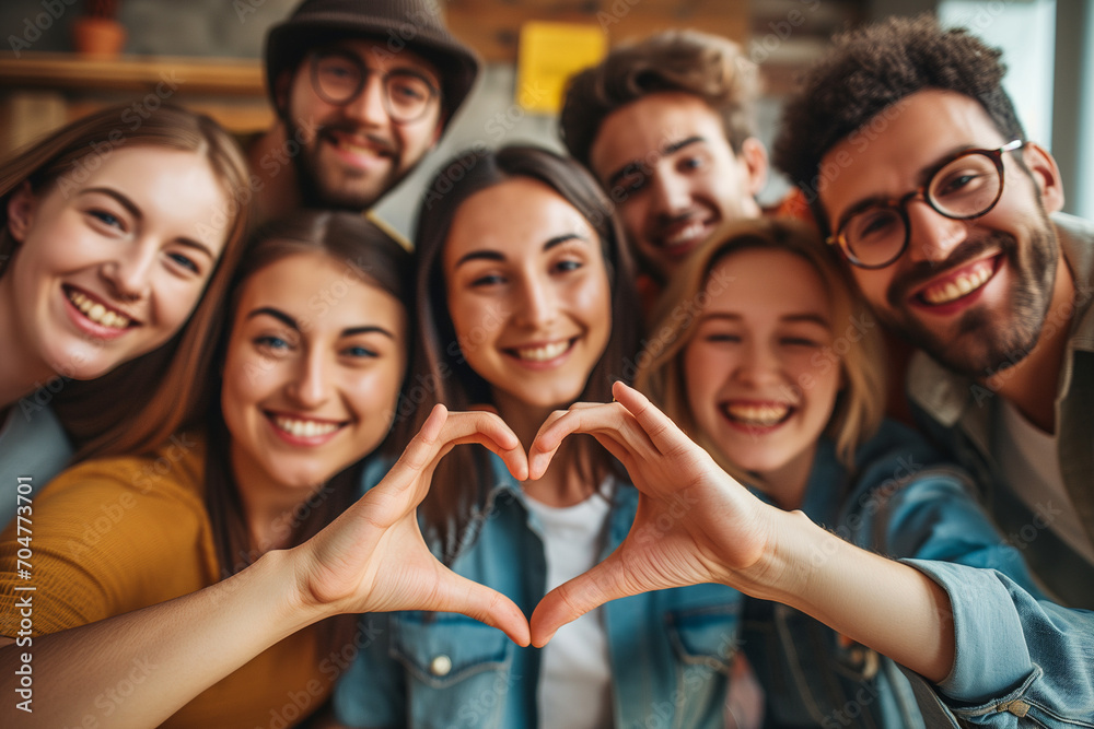 Obraz premium A group of joyful young friends is taking a close-up selfie while making a heart shape with their hands, all smiling and enjoying the moment together.