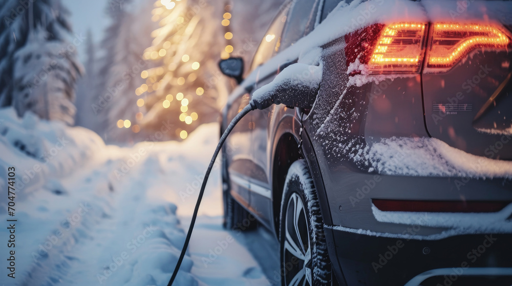 close up of electric car charging battery in winter - obrazy, fototapety, plakaty 