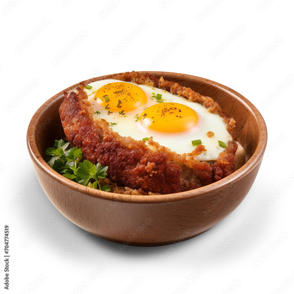 Beef Cutlet with Roasted Egg in a wooden bowl isolated on a transparent background Beef Cutlet with Roasted Egg in a wooden bowl isolated on a transparent background