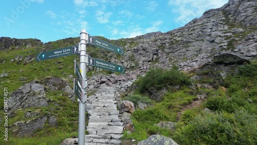 Djevelporten Hike Signpost to Viewpoint at Floya Mountain in Svolvaer, Lofoten Islands, Norway - Pan photo