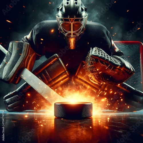 Ice hockey goalie player defending goal with fiery energy coming on black background 