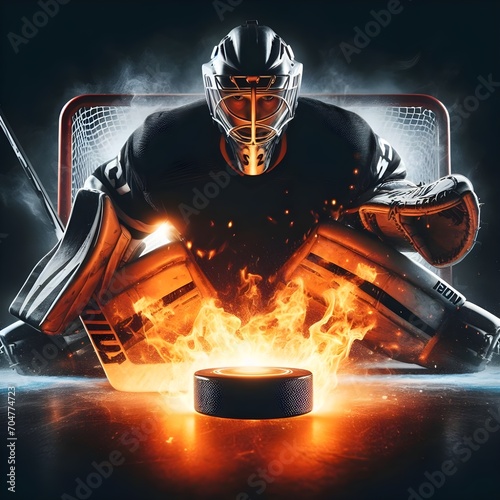 Ice hockey goalie player defending goal with fiery energy coming on black background 
