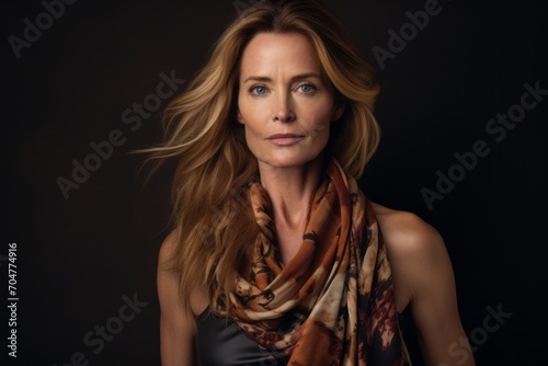Portrait of a beautiful mature woman with long blond hair wearing a silk scarf.
