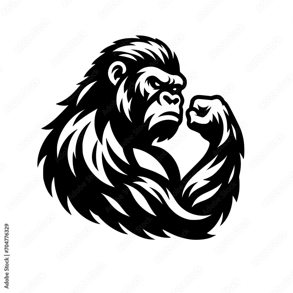 Vector logo of a raging gorilla. Professional logo of a chimpanzee. Black and white logo of an ape isolated on white background. Vector logo of a raging gorilla. Professional logo of a chimpanzee. Black and white logo of an ape isolated on white background.