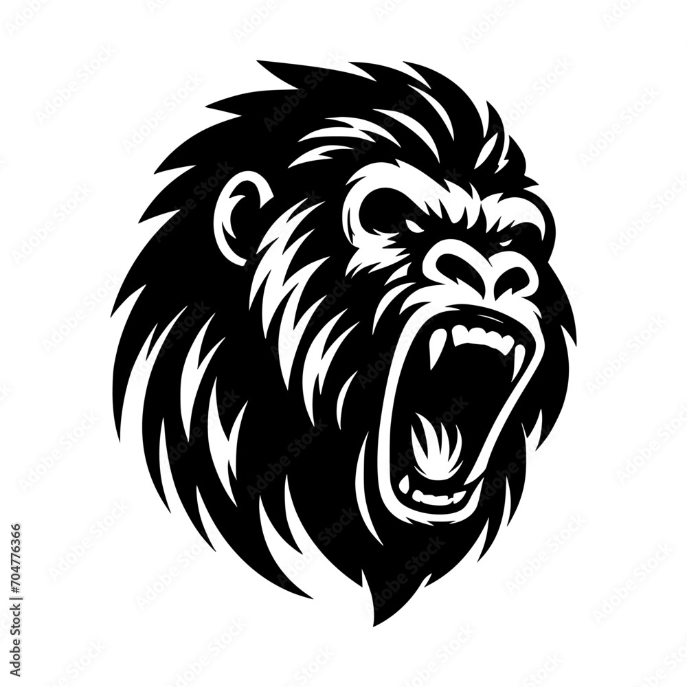 Vector logo of a raging gorilla. Professional logo of a chimpanzee. Black and white logo of an ape isolated on white background.