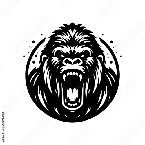 Vector logo of a raging gorilla. Professional logo of a chimpanzee. Black and white logo of an ape isolated on white background.
